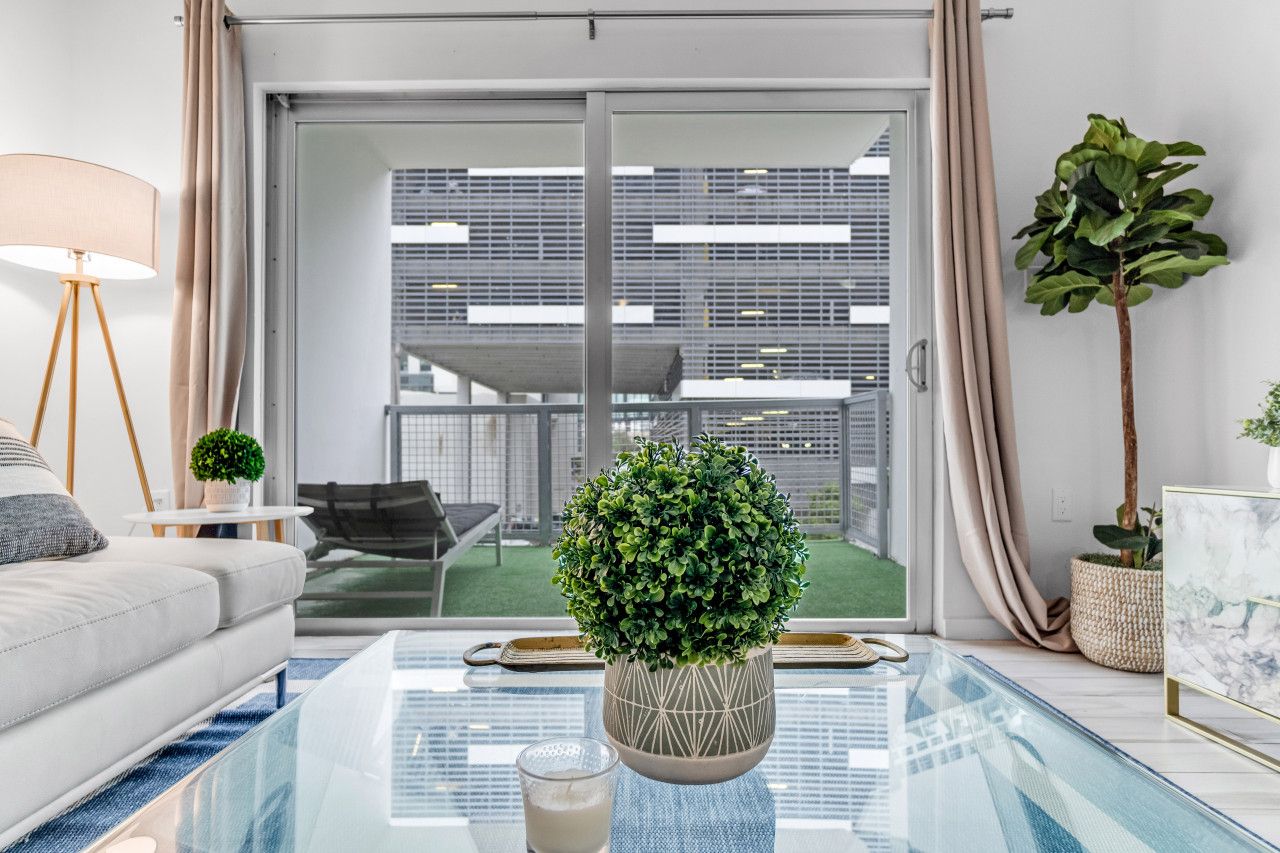 A modern living room with a glass coffee table, a sofa, a lamp, and a potted plant.