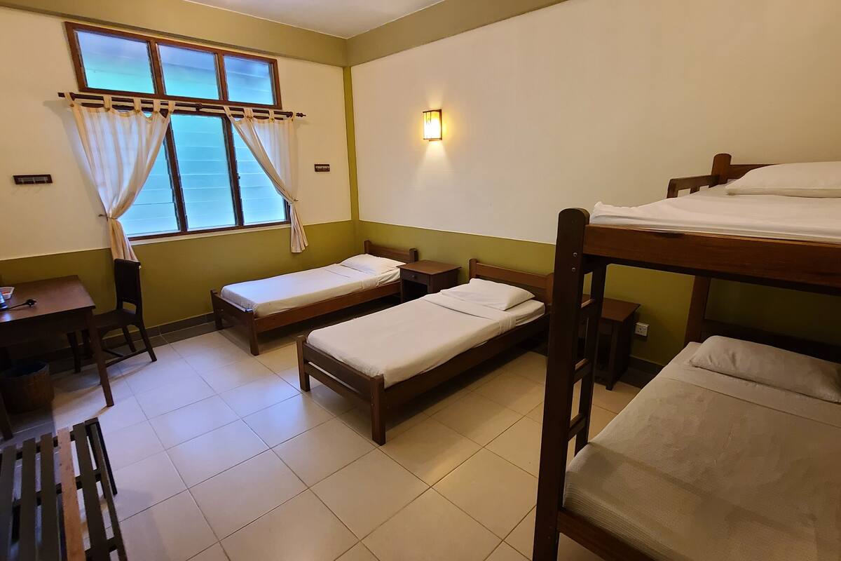 Una habitación tipo dormitorio con literas, un escritorio, una silla, una ventana con cortinas y una lámpara en la pared.