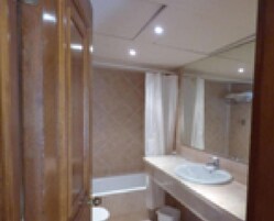 Un baño con tocador de madera, lavamanos y espejo.