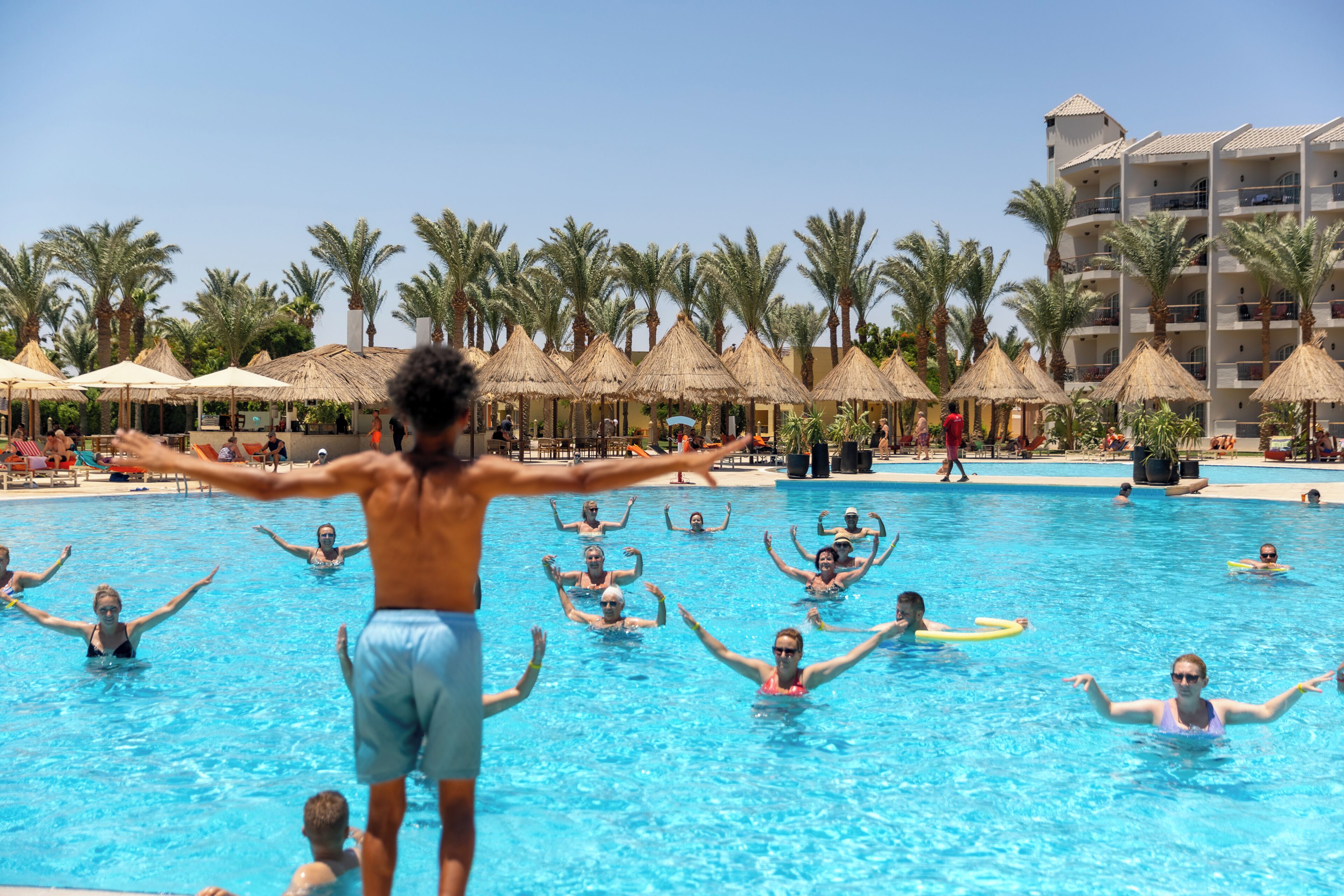 Outdoor pool, pool umbrellas, pool loungers
