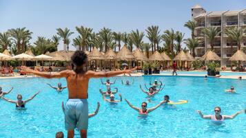 Outdoor pool, pool umbrellas, pool loungers
