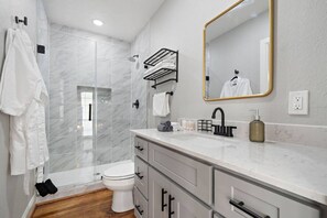 Hair dryer, towels, soap, shampoo