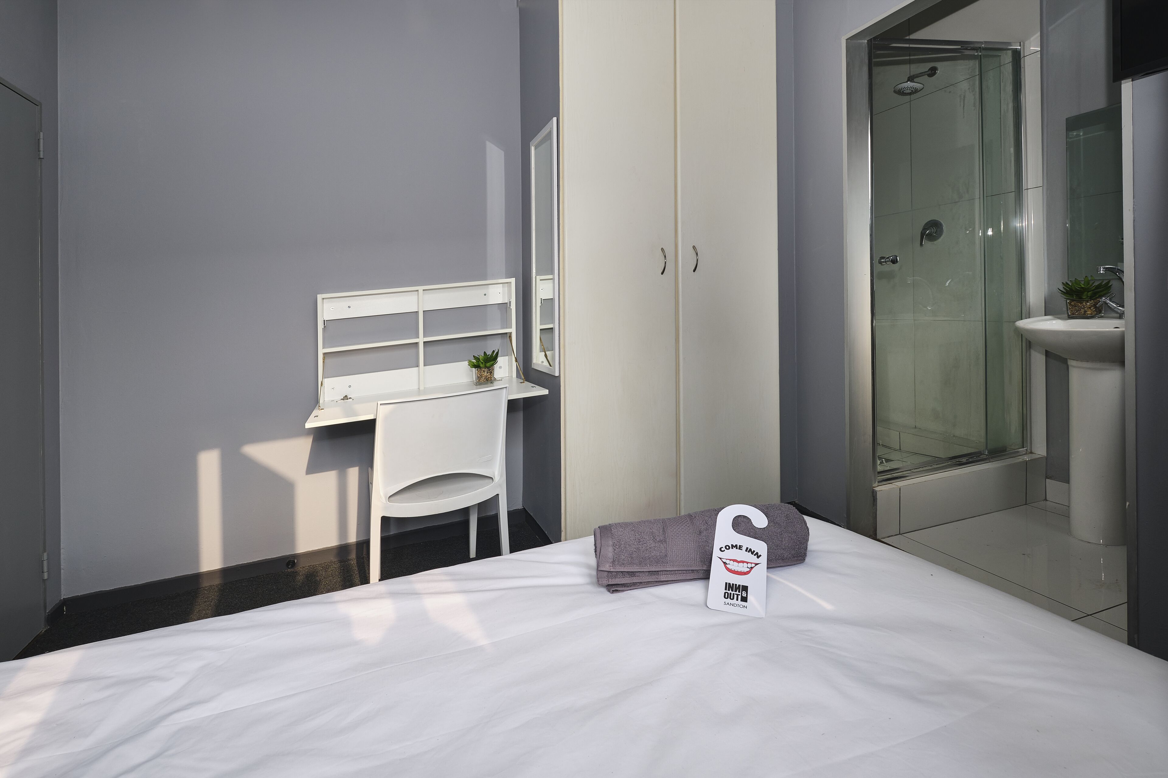 Habitación de hotel con cama, escritorio y silla, armario, zona de ducha y una planta pequeña.
