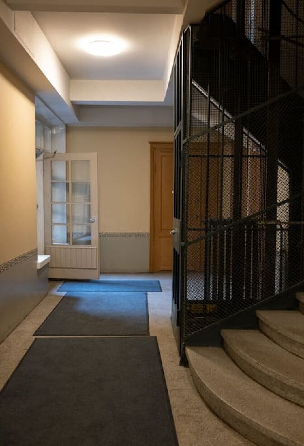Un couloir doté d’un sol recouvert de moquette, d’une porte, d’un escalier et d’un luminaire.
