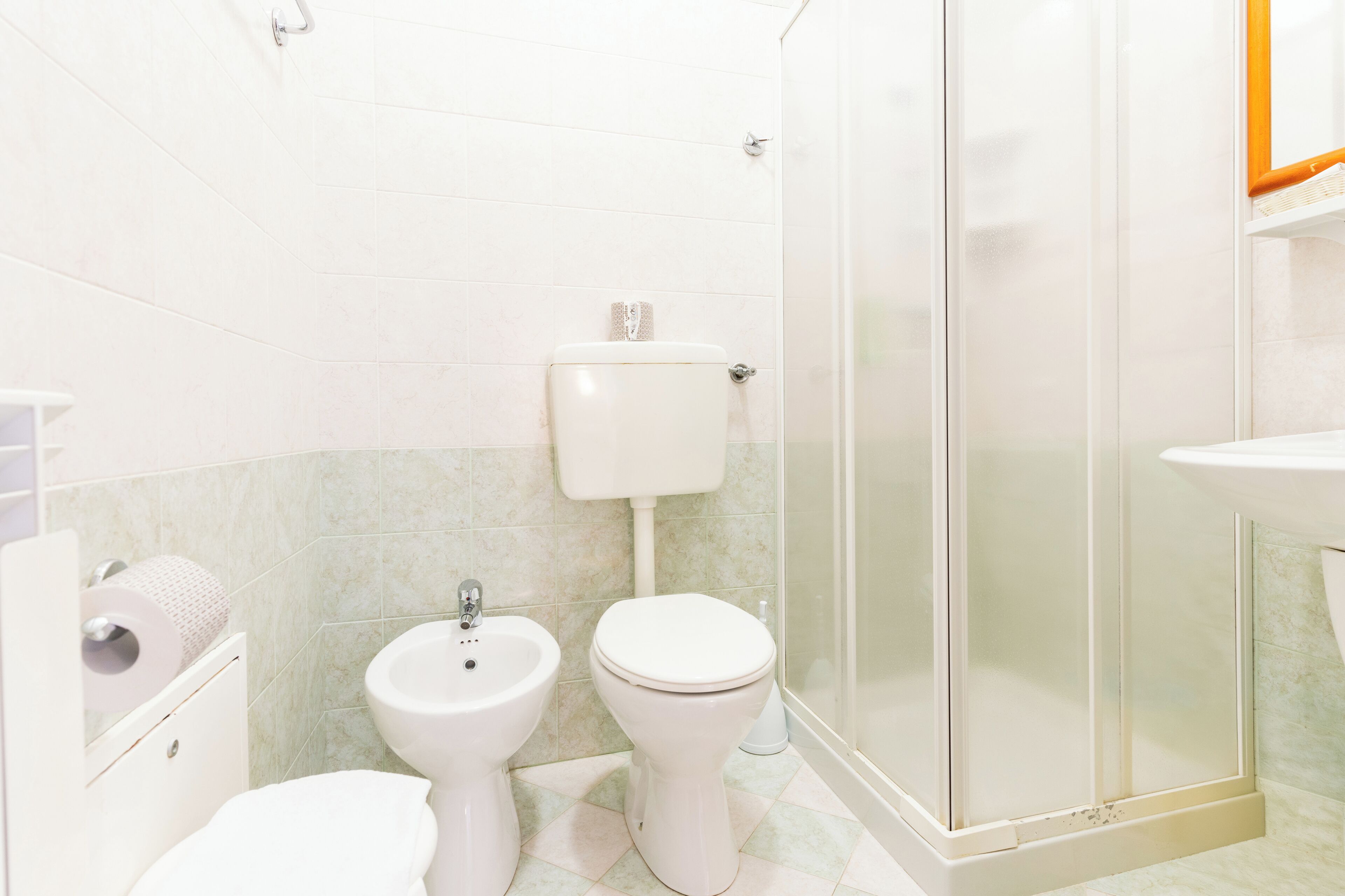 A bathroom with a toilet, bidet, and shower enclosure.