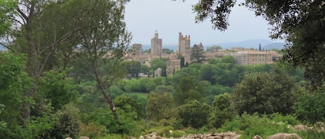 Ländliche Landschaft mit einer Schafherde, die auf einem Feldweg weidet, umgeben von Bäumen und Grünflächen, mit einem historischen Gebäude im Hintergrund.
