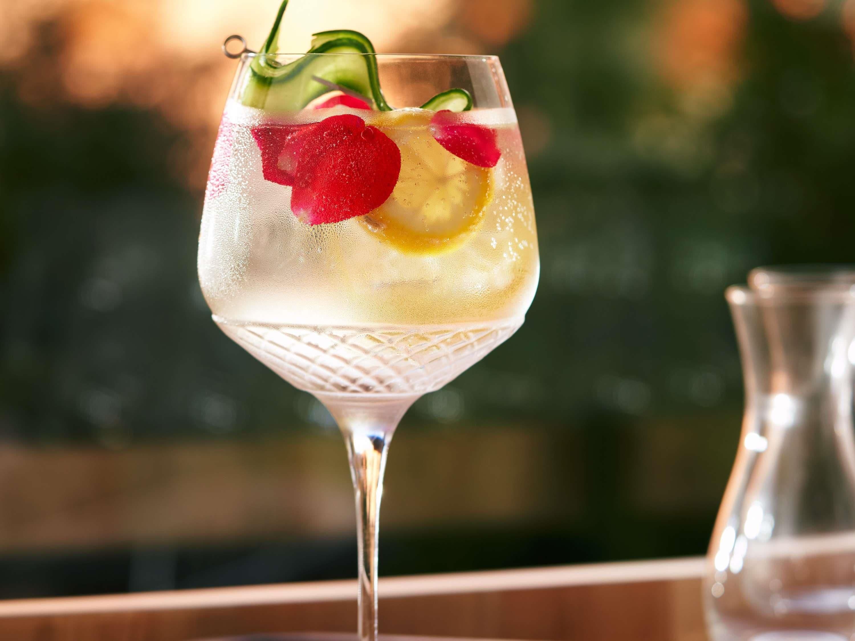 A glass of a clear beverage with a slice of lemon and a red fruit garnish, possibly a rose petal, in a stemmed glass.