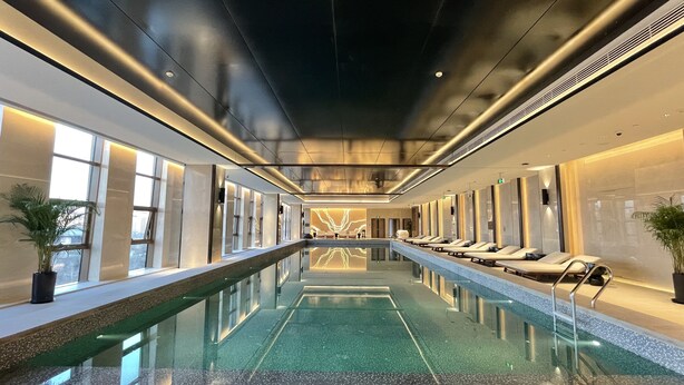 A long indoor swimming pool with lounge chairs and potted plants on either side.