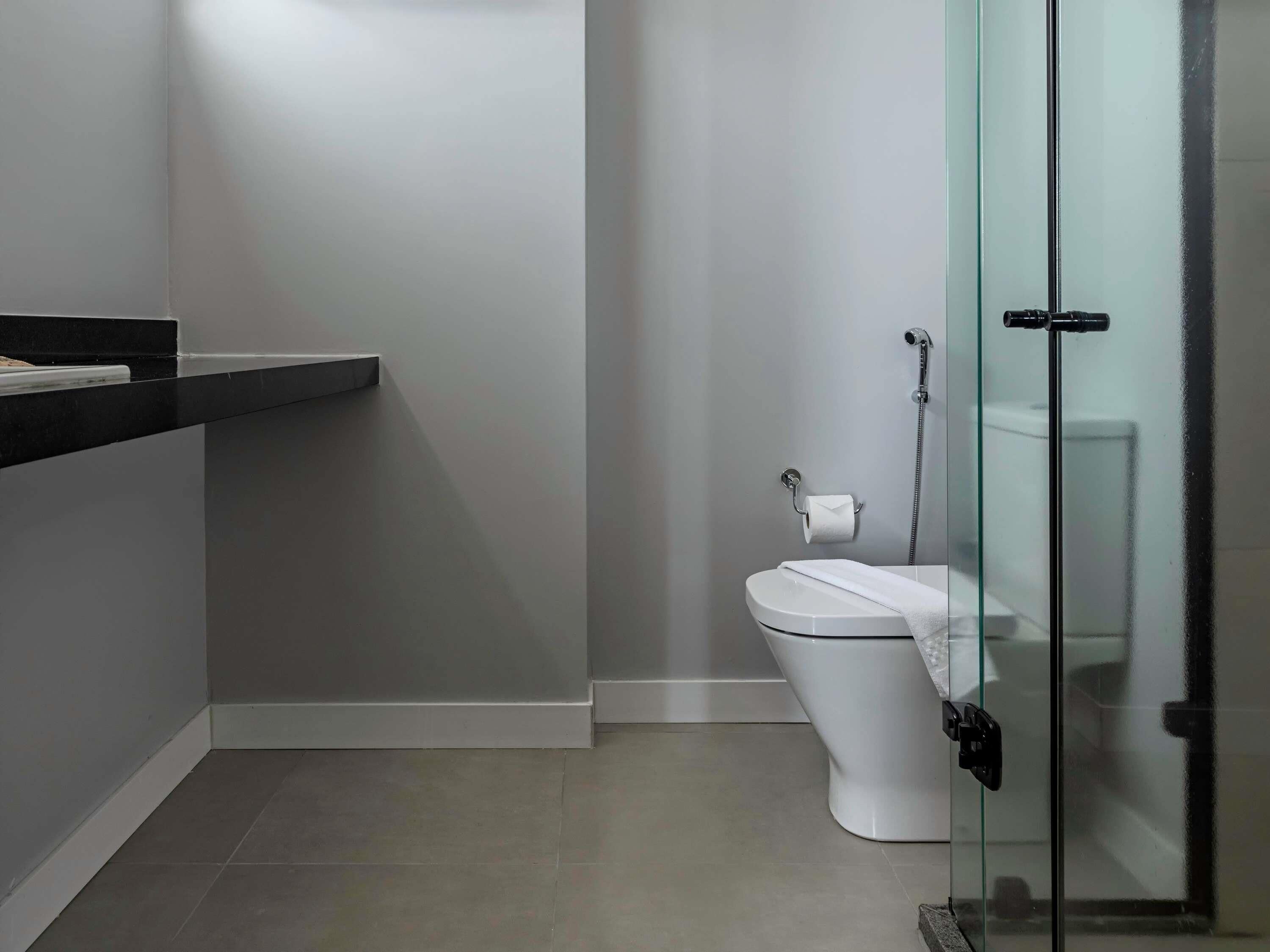 A modern bathroom with a toilet, a glass shower enclosure, and a black countertop.