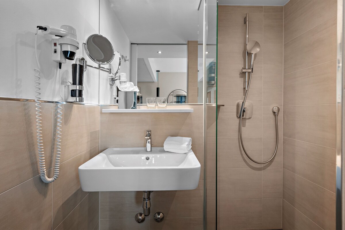 A modern bathroom with a white sink, a handheld hair dryer, and a handheld showerhead.