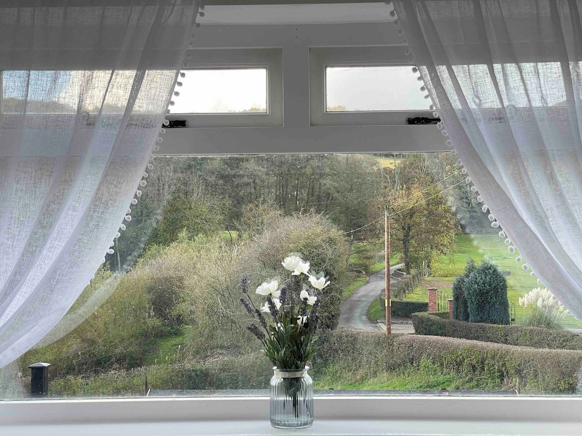 A window with sheer curtains, a vase with flowers, and a view of a landscaped garden.