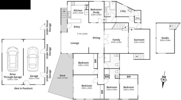 A floor plan with a drive-through garage, a 4.0m x 6.3m deck, and a 3.0m x 5.0m studio. - Seascapes Rosedale, Ocean Views + Pet Friendly (ROSEDALE)