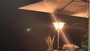 Ein sonniger Außenbereich mit einer großen Sonnenschirm, einem Tisch mit Blumentöpfen und einer Wandleuchte.