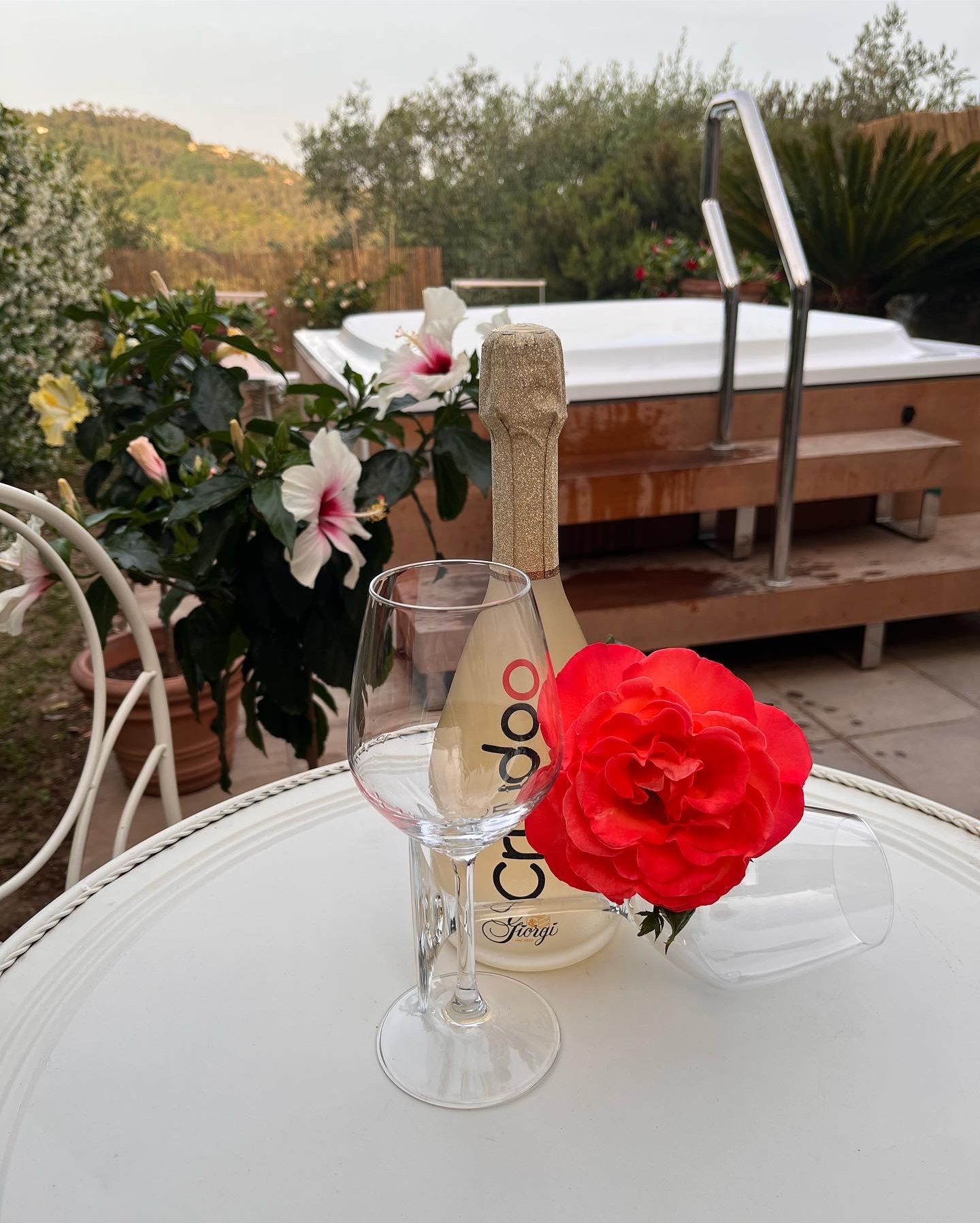 Une bouteille de vin Cristello, un verre et une rose rouge sur une table blanche, à l’extérieur.
