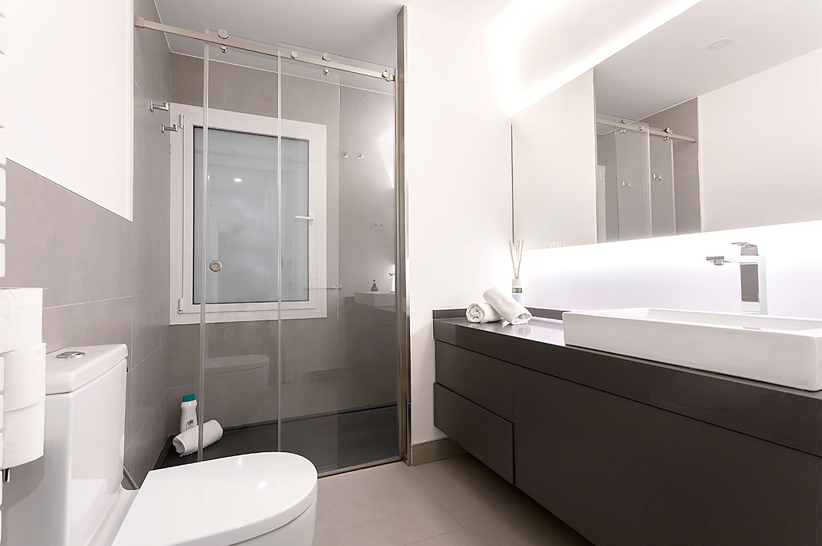 Shower, hair dryer, towels