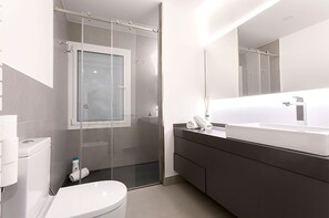 A modern bathroom with a glass-enclosed shower, a white toilet, and a dark-toned vanity with a large mirror. - Genteel Home Atocha II (Madrid)