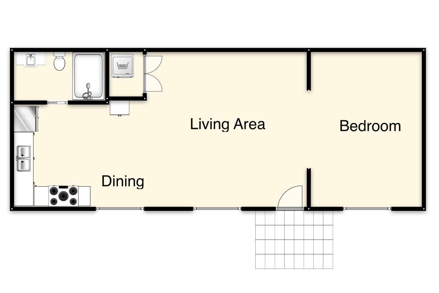 A floor plan of a house with a living area, bedroom, and dining space.