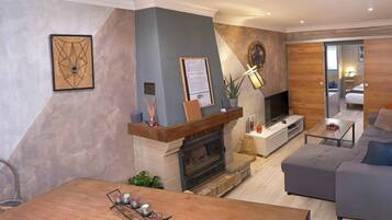 Smart TV, fireplace, books