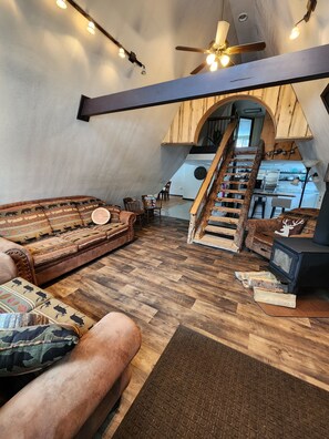Smart TV, fireplace, books