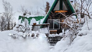 Een chalet met een groen dak en een uitnodigend bord, omgeven door met sneeuw bedekte bomen en takken.