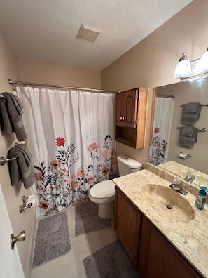 Combined shower/tub, hair dryer, towels, soap