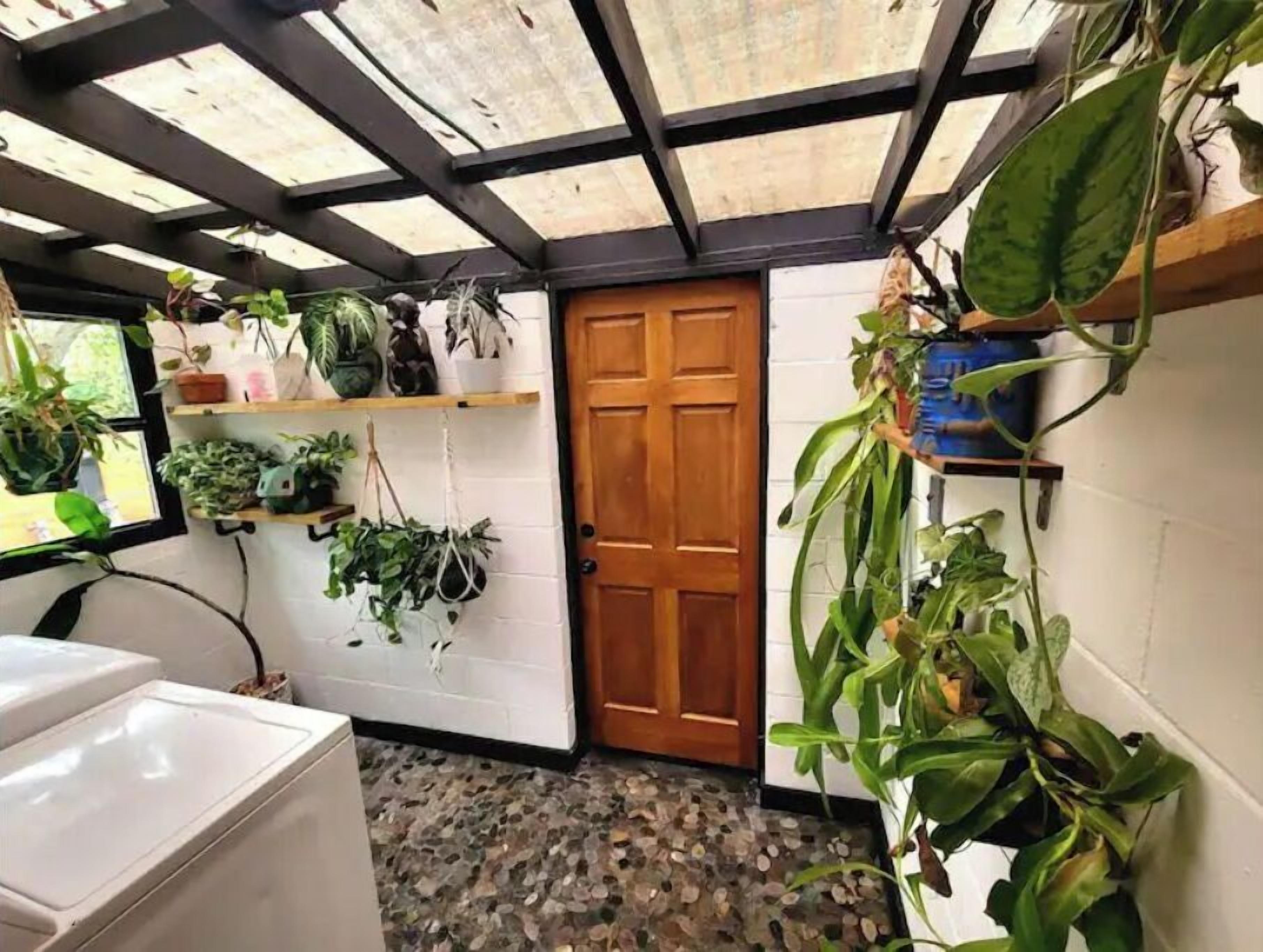 A room with a tiled floor, a wooden door, and various potted plants on shelves and hanging from the ceiling.