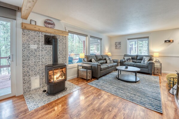 Smart TV, fireplace, books
