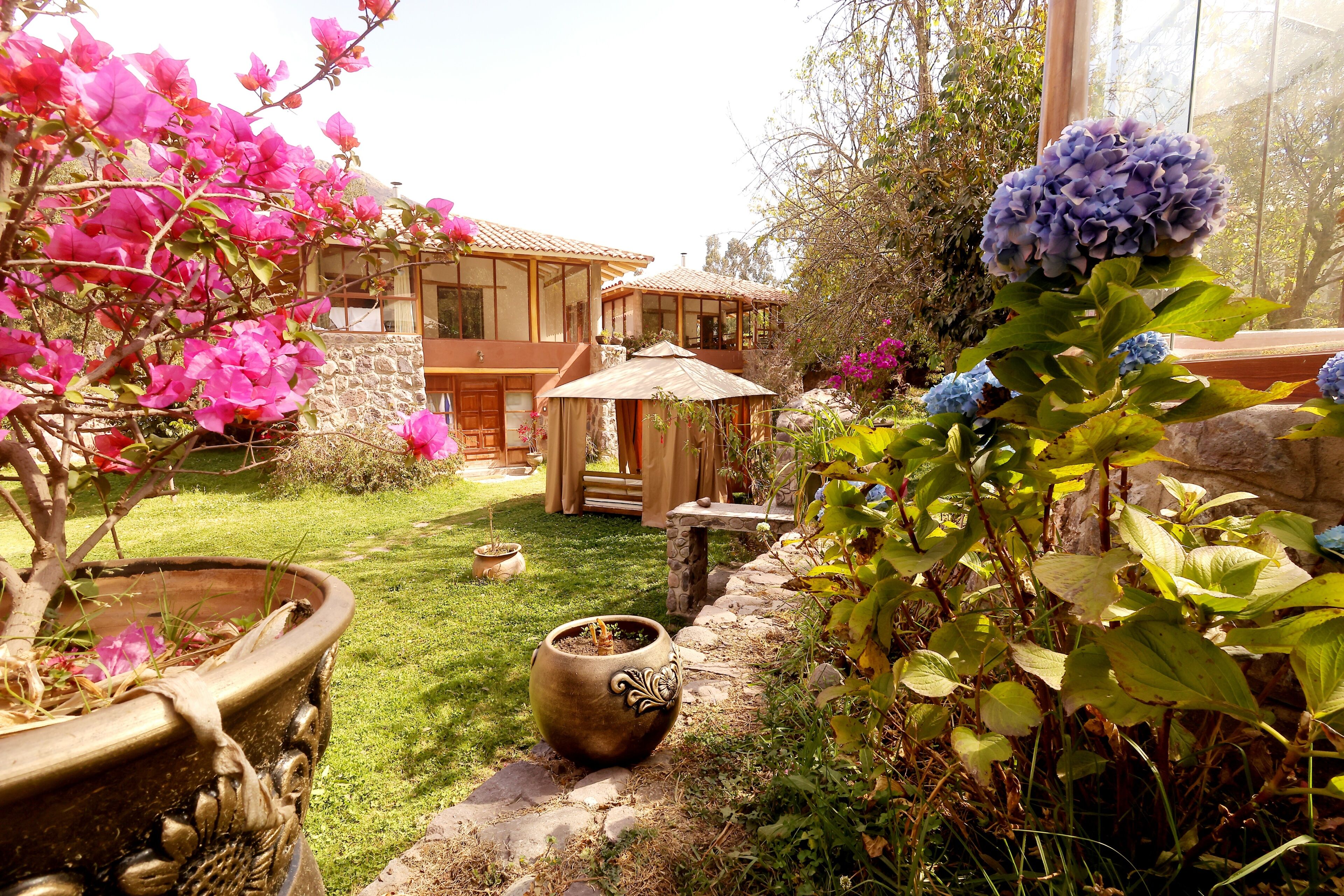 A garden with a stone pathway, a wooden pergola, and a house with a tiled roof.