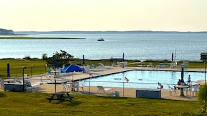 A swimming pool with lounge chairs and umbrellas, surrounded by a fence, with a view of the water and distant land.