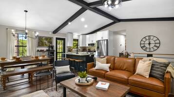 Smart TV, fireplace, foosball