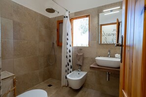 Shower, hair dryer, bidet, towels