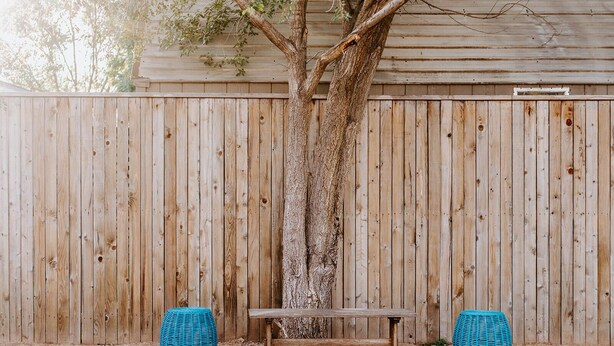 Una cerca de madera, un árbol, un banco y dos sillas de mimbre en un jardín.