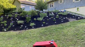 A landscaped garden with a variety of plants and a red object on the grass. - 20min from Acadia Retreat With Internet & Gaming Amenities (Hancock)