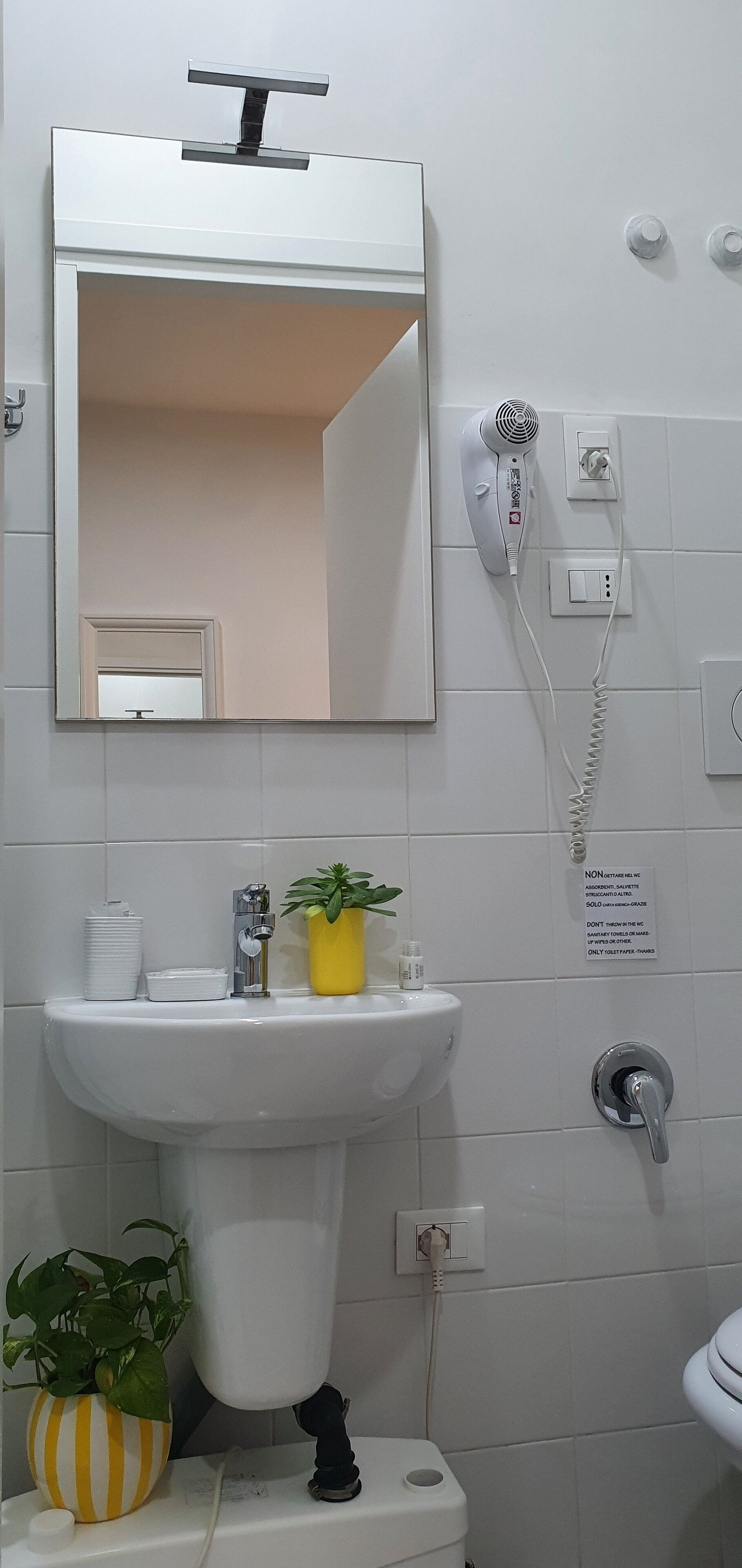 Un baño con un lavamanos blanco, un espejo, un secador de pelo y una planta en maceta.