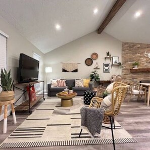 Smart TV, fireplace, books