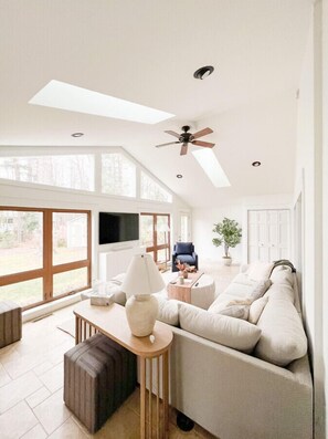 Smart TV, chimenea y estéreo 