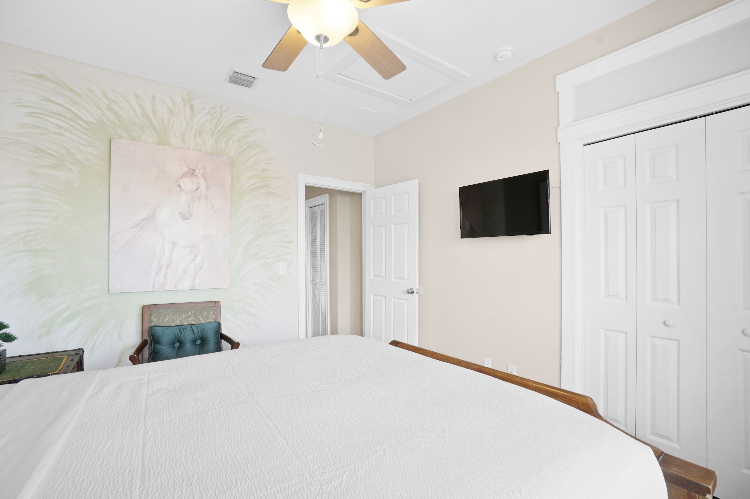 A bedroom with a bed, a ceiling fan, a TV, and a door.