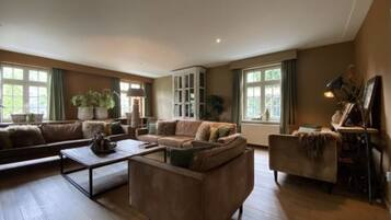 Smart TV, fireplace, table football, books