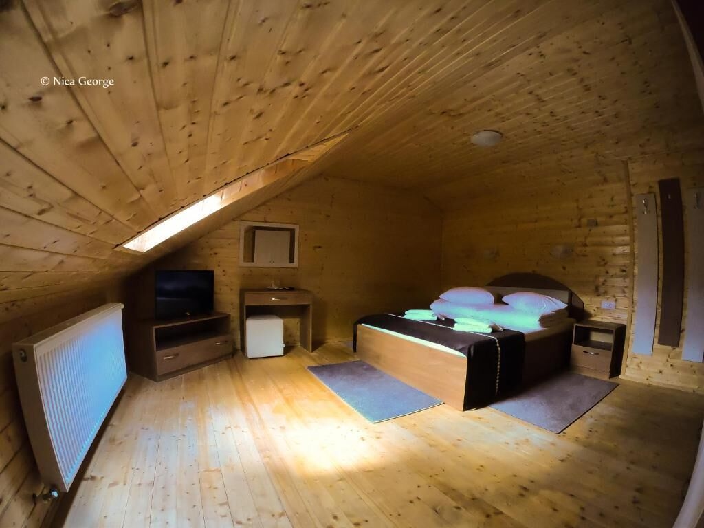 Tunnelmallinen ullakkohuone, jossa on puulattia, sängynpääty, pieni työpöytä, patteri ja televisio.