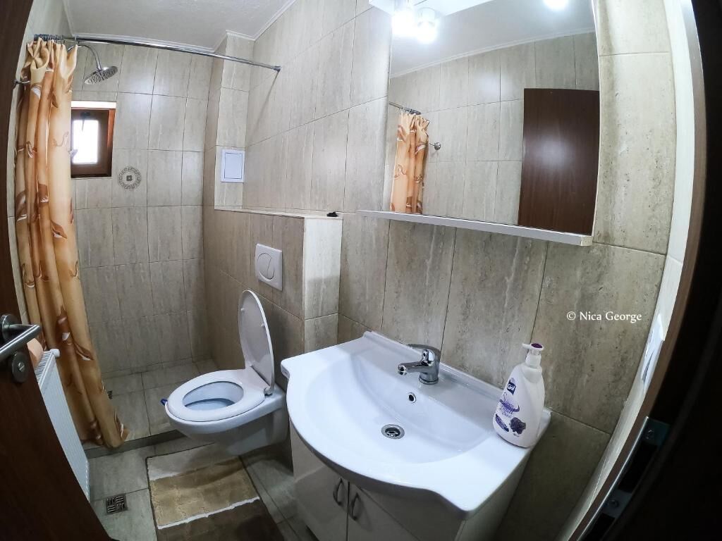 Un baño con inodoro, lavamanos y ducha.