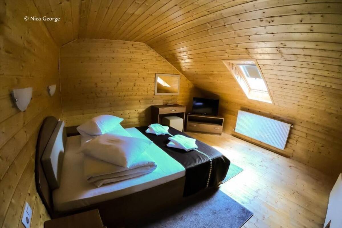 A cozy, wooden cabin bedroom with a bed, a dresser, a TV, and a skylight.