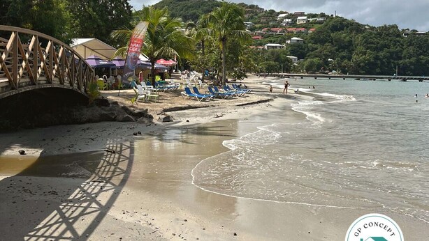 A beach with a wooden bridge, lounge chairs, and umbrellas. - Renovated 37m2 studio located 30 meters from Anse à L'âne beach (TROIS ILETS)