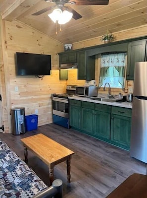 Fridge, microwave, stovetop, coffee/tea maker
