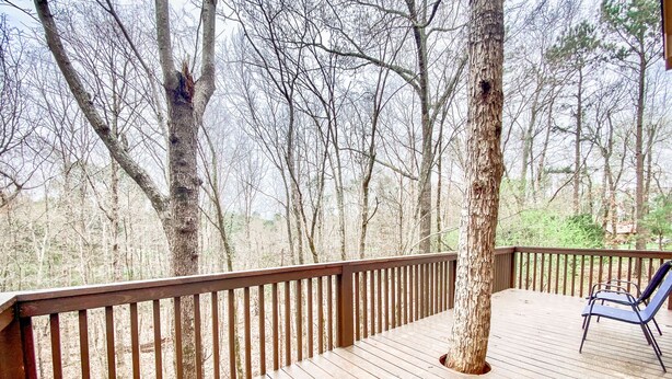 A wooden deck with a railing, a single blue lounge chair, and trees in the background.