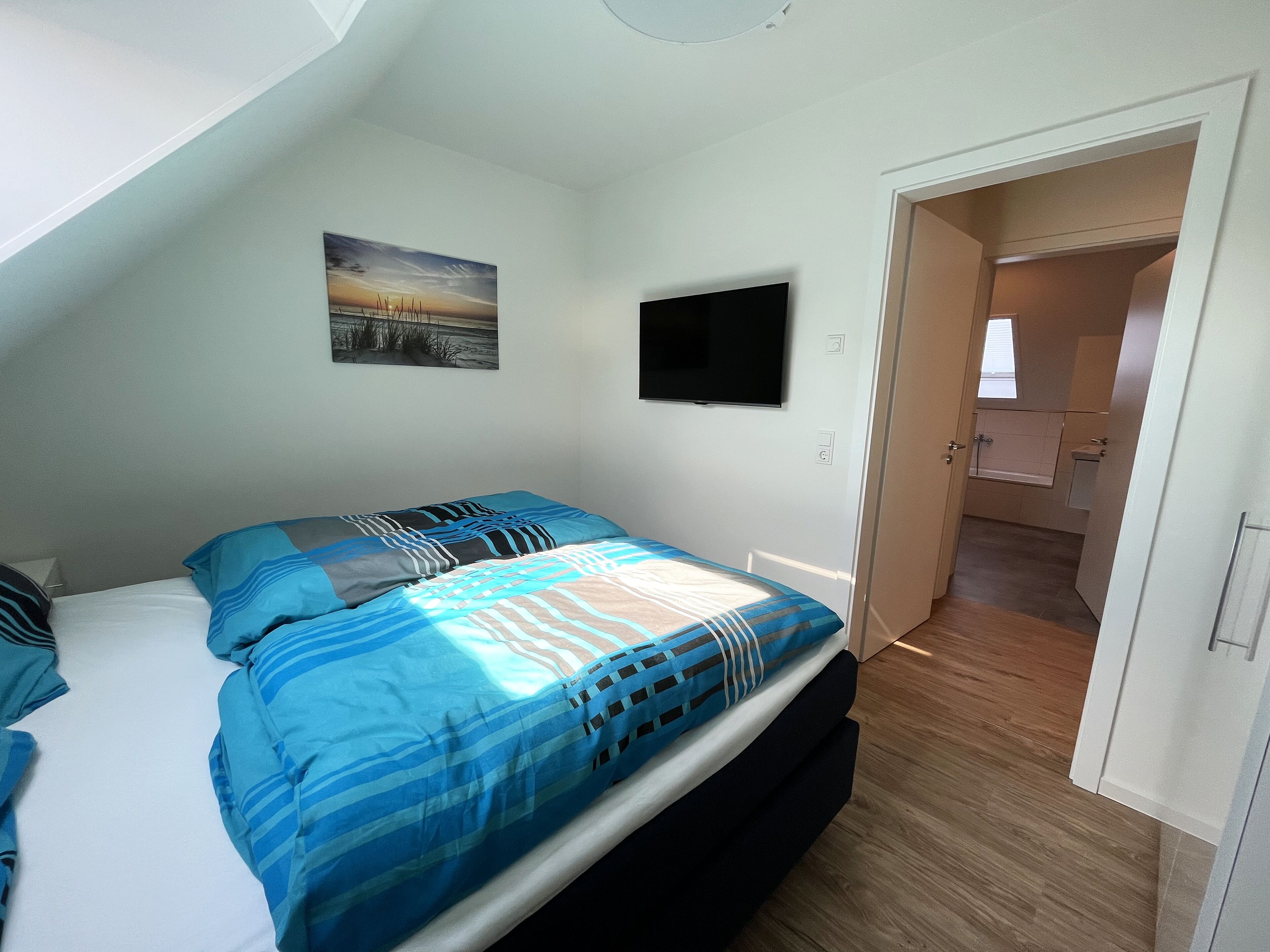 Een slaapkamer met een bed, een televisie, een schilderij en een badkamedeur.