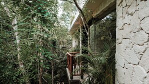 A lush indoor garden with a wooden staircase leading to a balcony. - Kaaba Luum Jungle Villas (Tulum)
