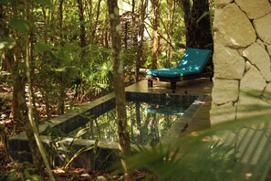 A pool area with a lounge chair, surrounded by dense tropical foliage. - Kaaba Luum Jungle Villas (Tulum)