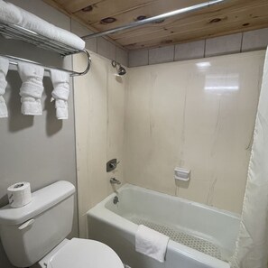 Bañera con ducha, secador de pelo, toallas