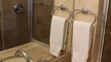 Shower, towels, soap, shampoo
