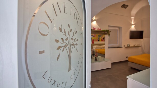 A modern interior with a glass door featuring a tree logo and the words "OLIVE HOTEL" and "Luxury Retreat." Inside, there is a bed with a yellow headboard, a flat-screen TV mounted on the wall, and a small shelf with decorative items. - Olive House, luxury retreat (furore)